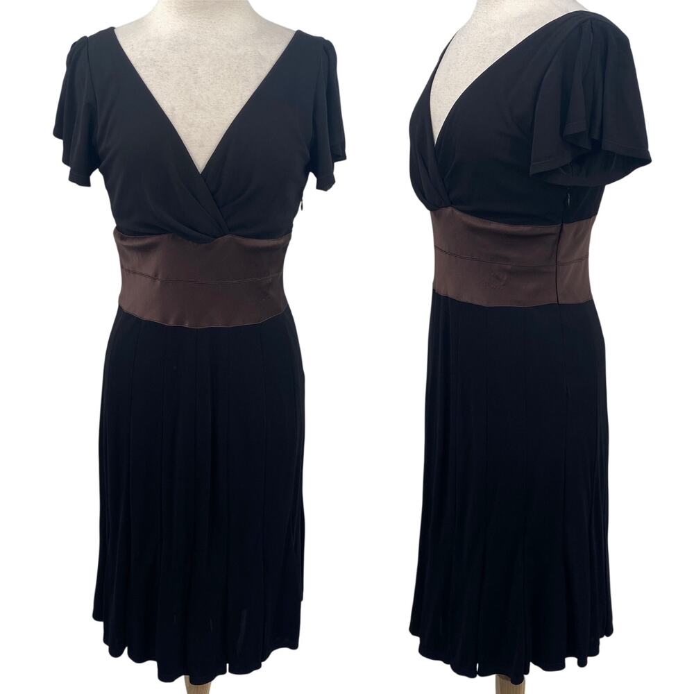 Kay Unger Cocktail Dress Surplice V Neck Satin Waist Flutter Cap Sleeve Black 14